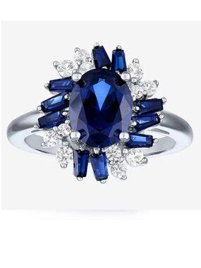 Lab Created Blue Sapphire Sterling Silver Halo Ring | Oval September Birthstone